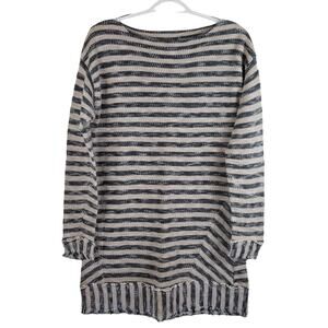 Soft Surroundings Blue Tan Stripped Fringed Hems Winter Warm Sweater M